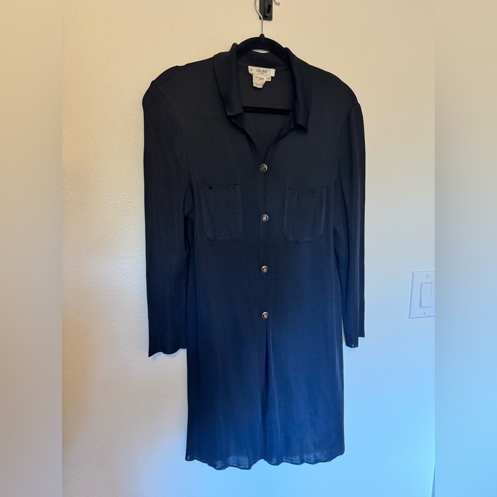 VTG Celine Paris Long Sleeve Button Up Dress Black Viscose Mini Size 42 EUC